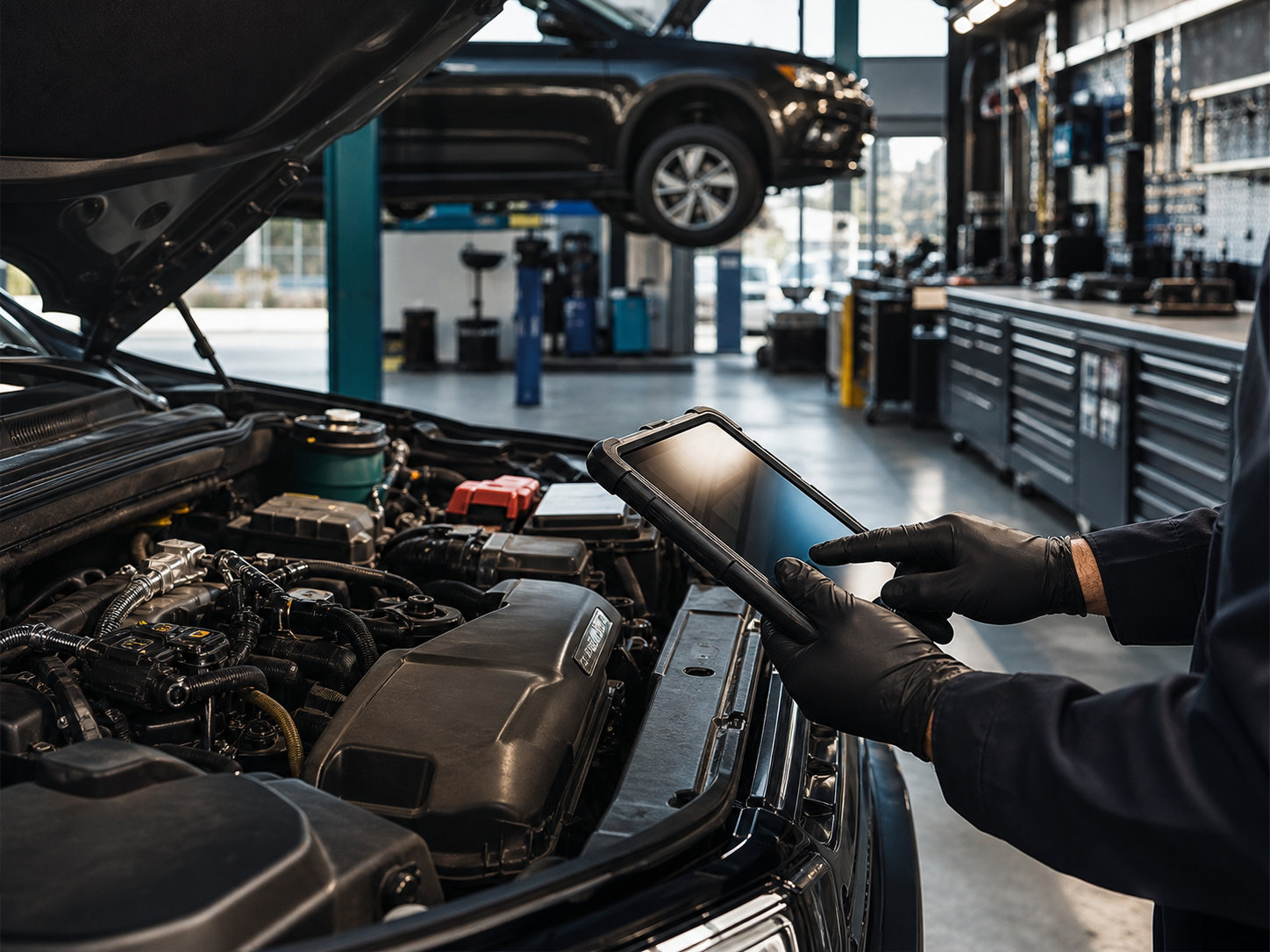 Independent auto repair shop with a diagnostic tablet and service bay