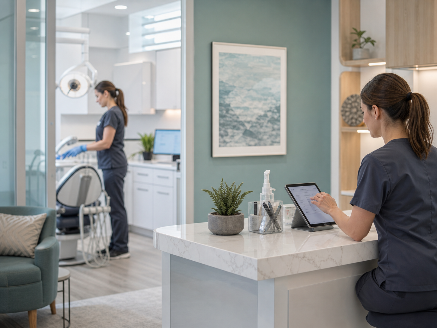 Modern healthcare practice reception and treatment area with scheduling tablet
