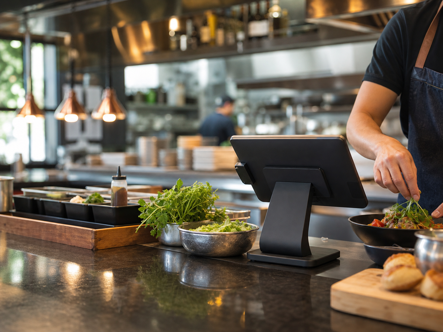 Independent restaurant counter with food preparation and a tablet point-of-sale station