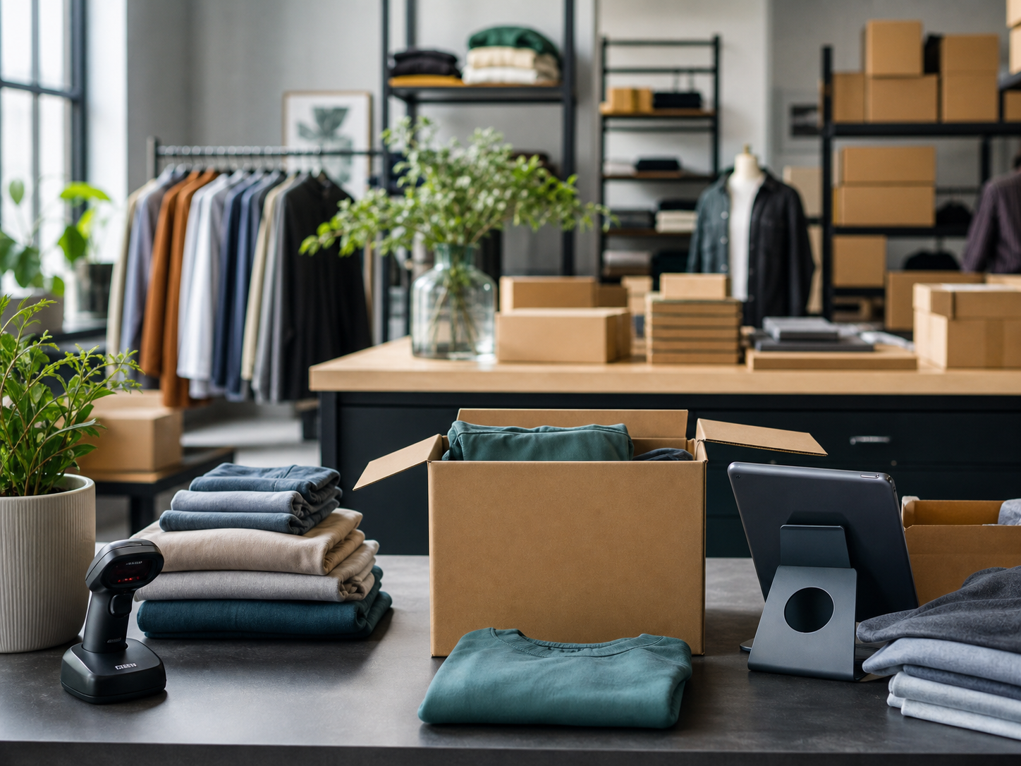 Retail stockroom with folded inventory, shipping boxes, and checkout equipment